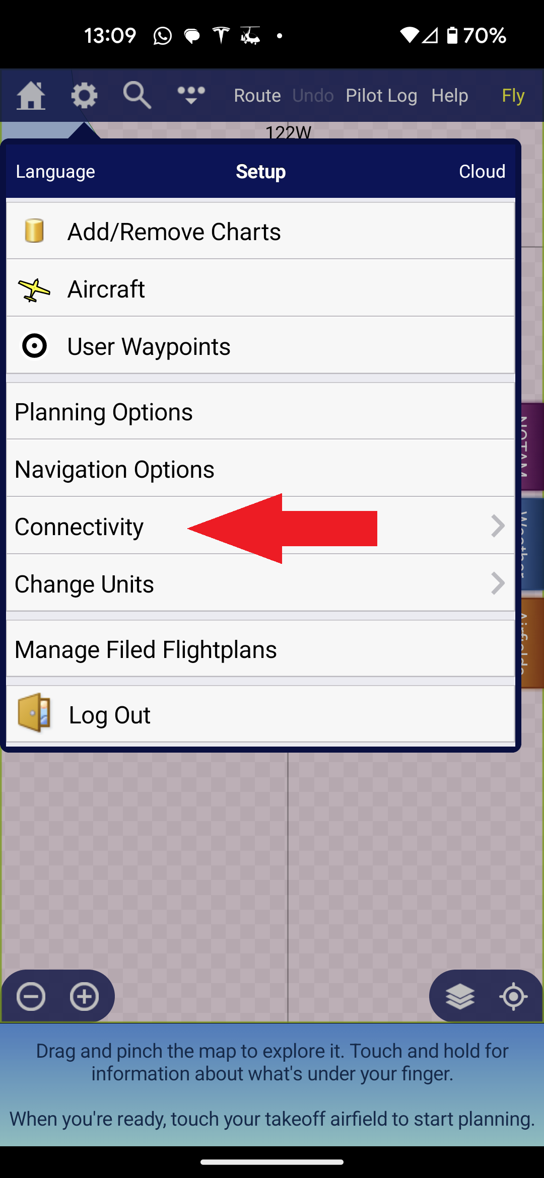 SkyDemon Setup menu with Connectivity highlighted