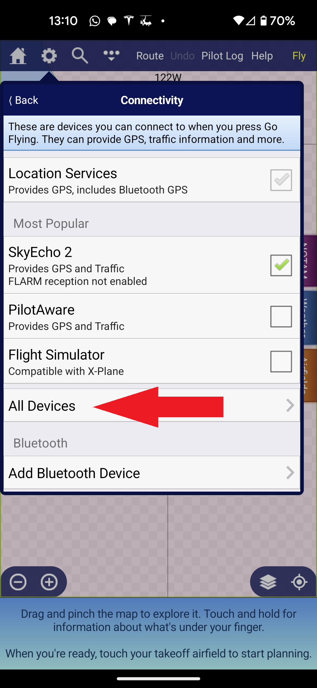 SkyDemon Connectivity screen with All Devices highlighted