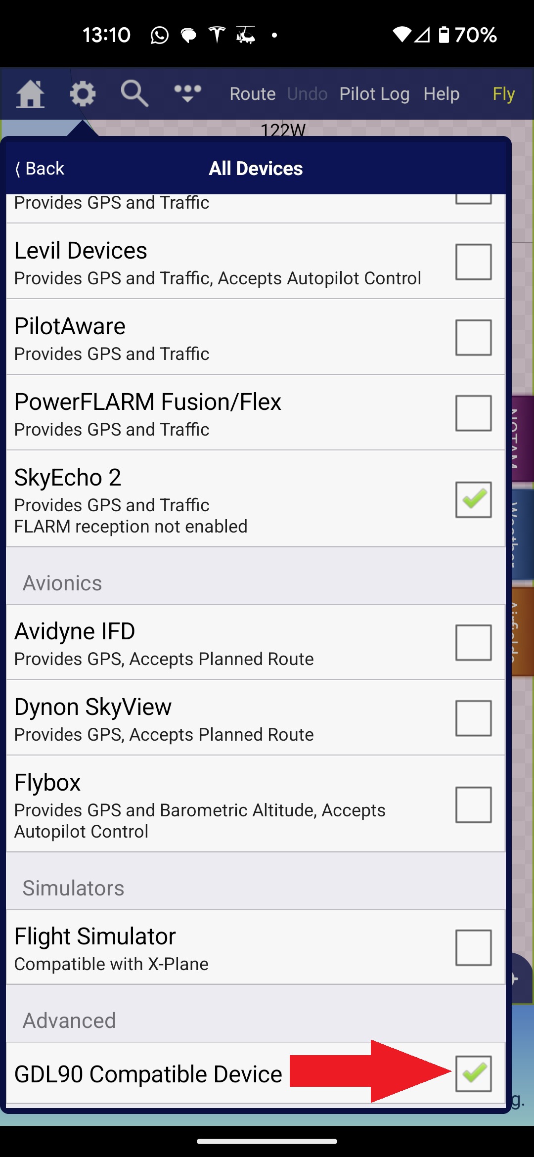 SkyDemon device list with GDL90 Compatible Device selected